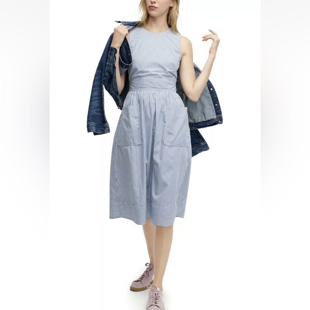 J.Crew Striped Poplin Apron Midi Dress Blue White Cotton Sleeveless Buttons 00